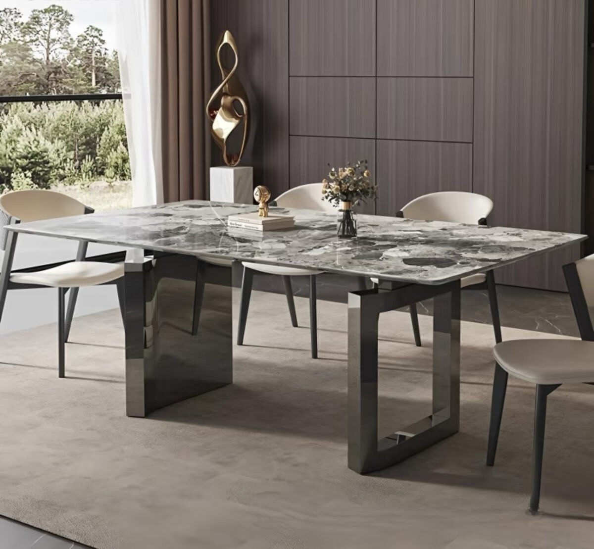 "Oreo Gray" marble dining table square modern simple luxury stone dining table and chair combination