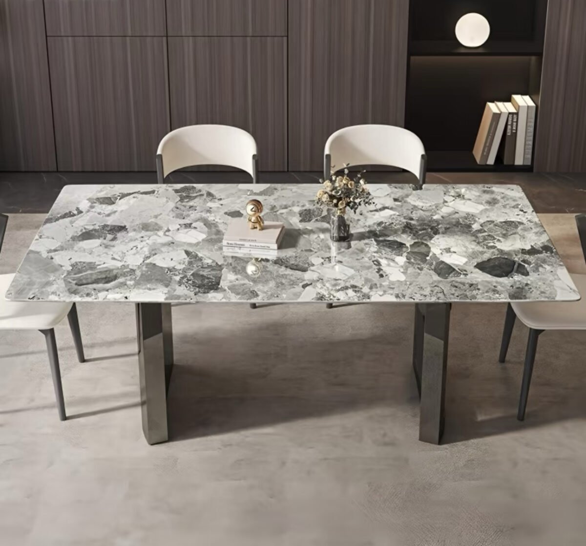 "Oreo Gray" marble dining table square modern simple luxury stone dining table and chair combination