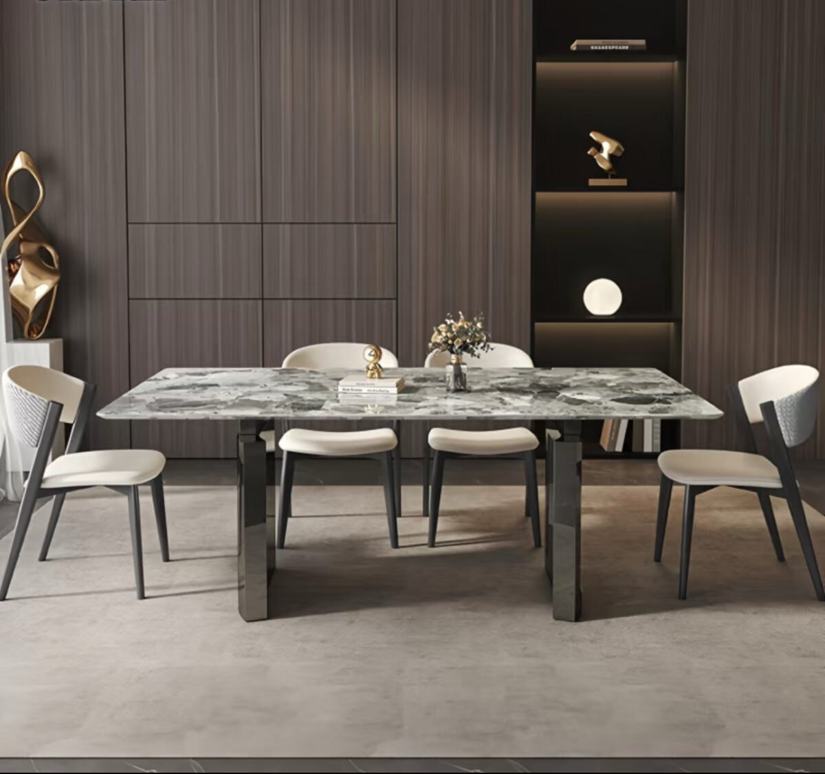 "Oreo Gray" marble dining table square modern simple luxury stone dining table and chair combination