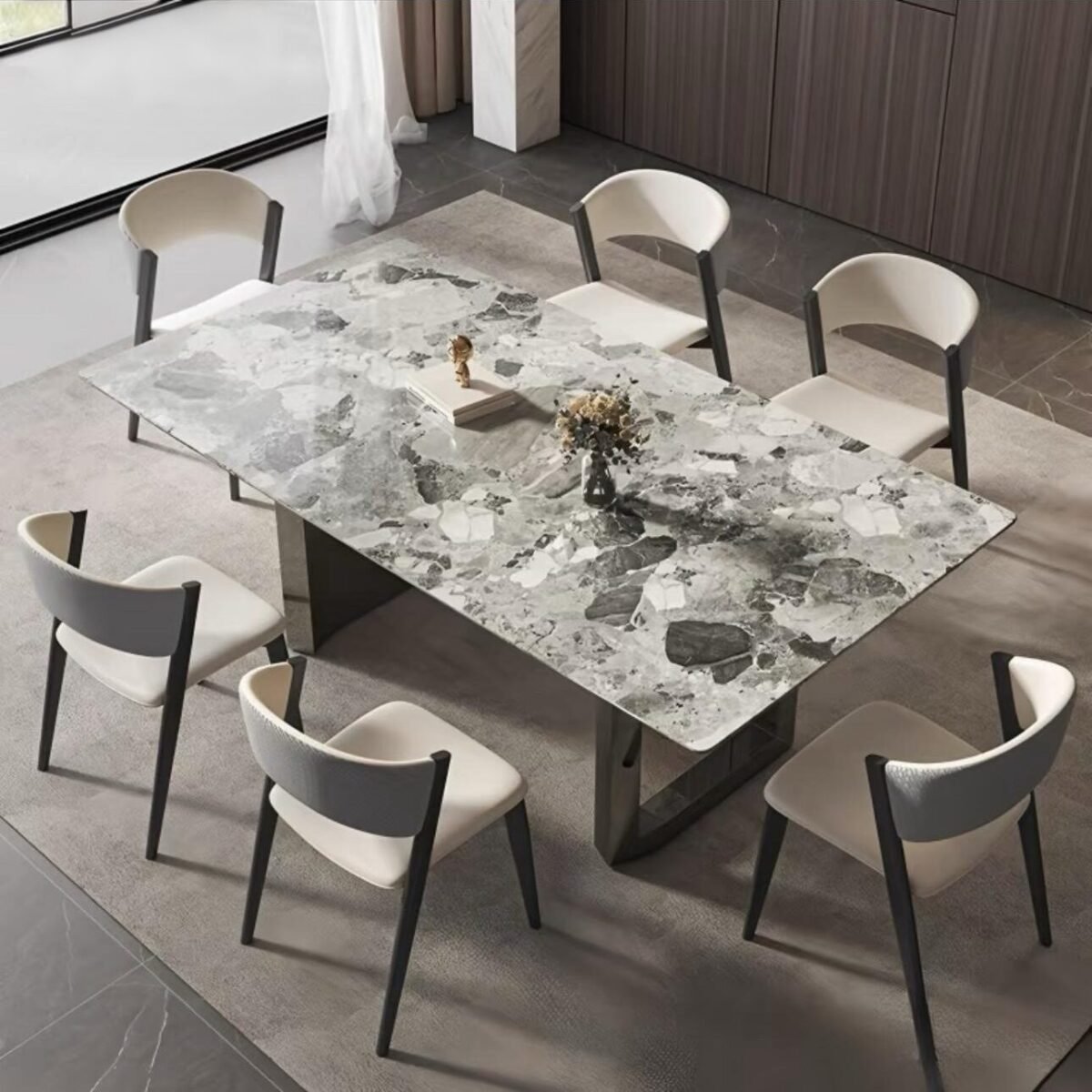 "Oreo Gray" marble dining table square modern simple luxury stone dining table and chair combination